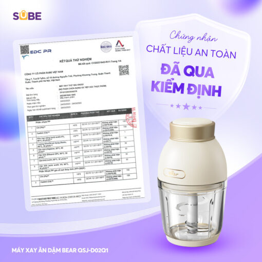 Máy xay ăn dặm Bear QSJ-D02Q1 đạt chứng nhận chất liệu an toàn cho sức khỏe bé.