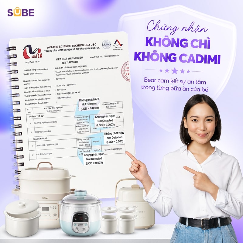 Chứng nhận thố sứ nồi nấu chậm Bear không chứa chì, không chứa Cadimi