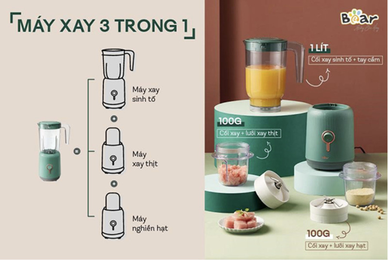 Máy xay sinh tố 3 in 1 đa năng Bear BL-B10V2 - Giải pháp toàn diện cho mọi nhu cầu chế biến
