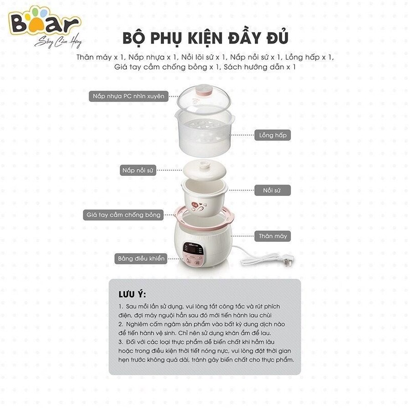 Cấu tạo nồi nấu chậm Bear 0.8L SUBE001