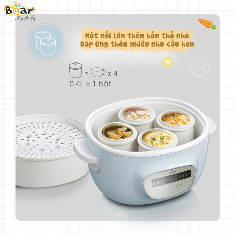 Nồi nấu chậm Bear 2.5L SUBE003 nấu 4 món cùng 1 lúc, giúp tiết kiệm thời gian