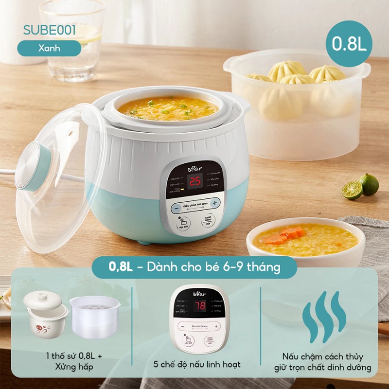 Nồi nấu cháo chậm xanh dương Bear SUBE001
