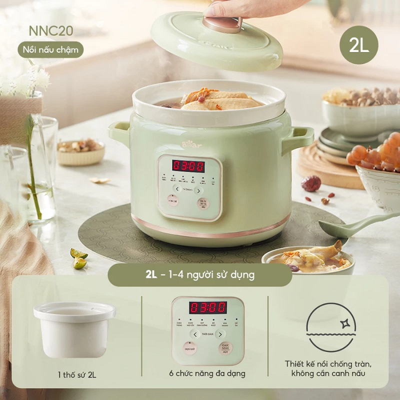 Nồi nấu cháo chậm xanh lá Bear SB-NNC20