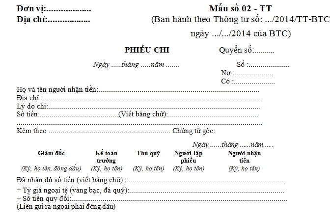 Mẫu phiếu chi hợp lệ